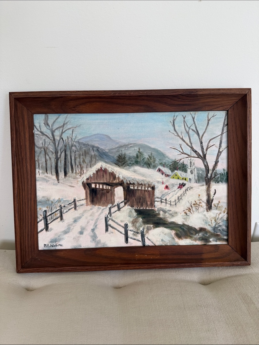 Vintage Original Snow Covered Bridge Church Landscape Framed Art